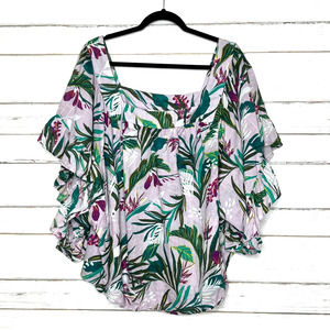 Terra & Sky Purple Tropical Ruffle Sleeve Blouse Size 4X